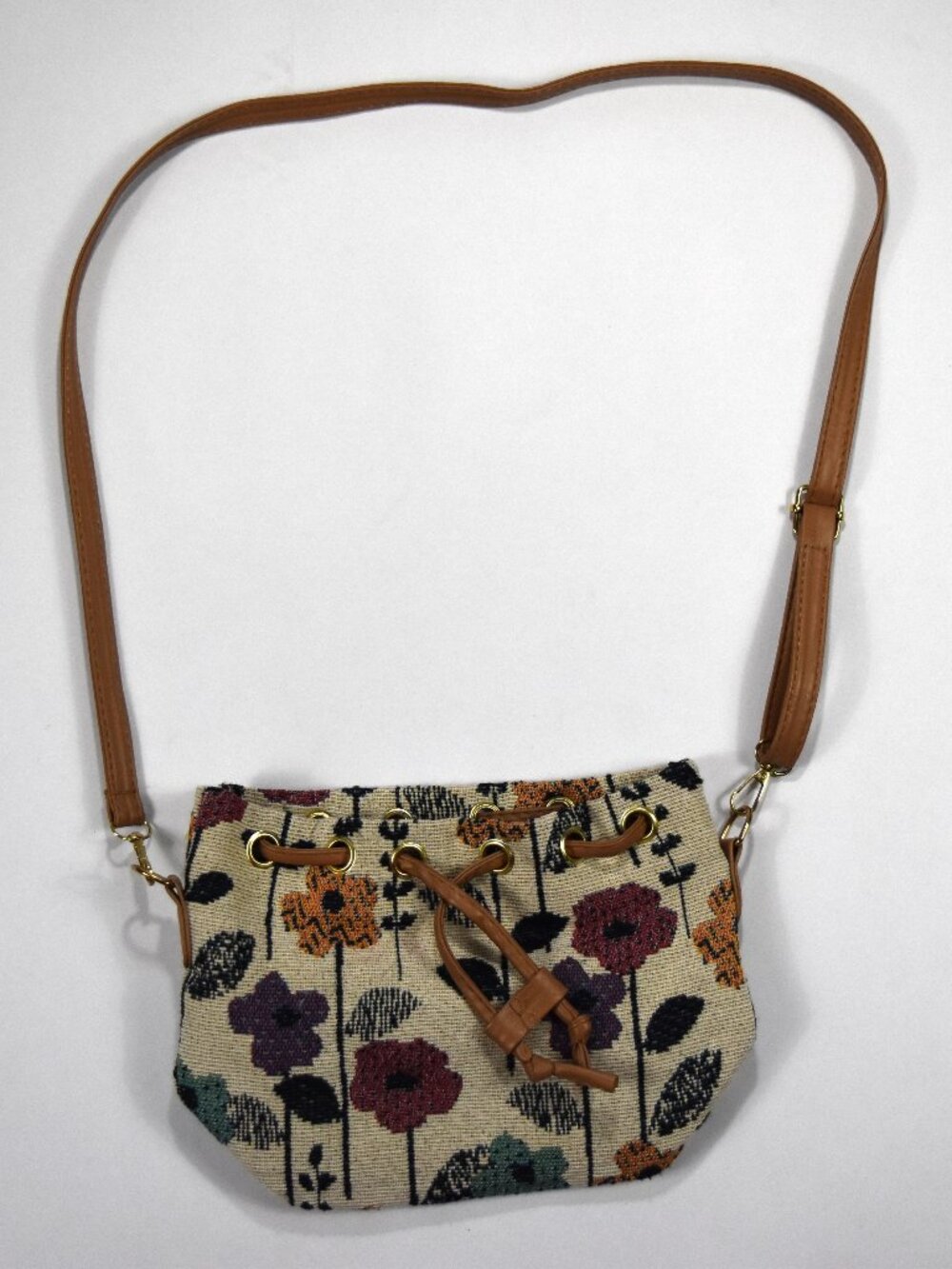 Cottagecore Small Floral Tapestry Fabric Drawstring Crossbody Bag Boho Purse Tan
